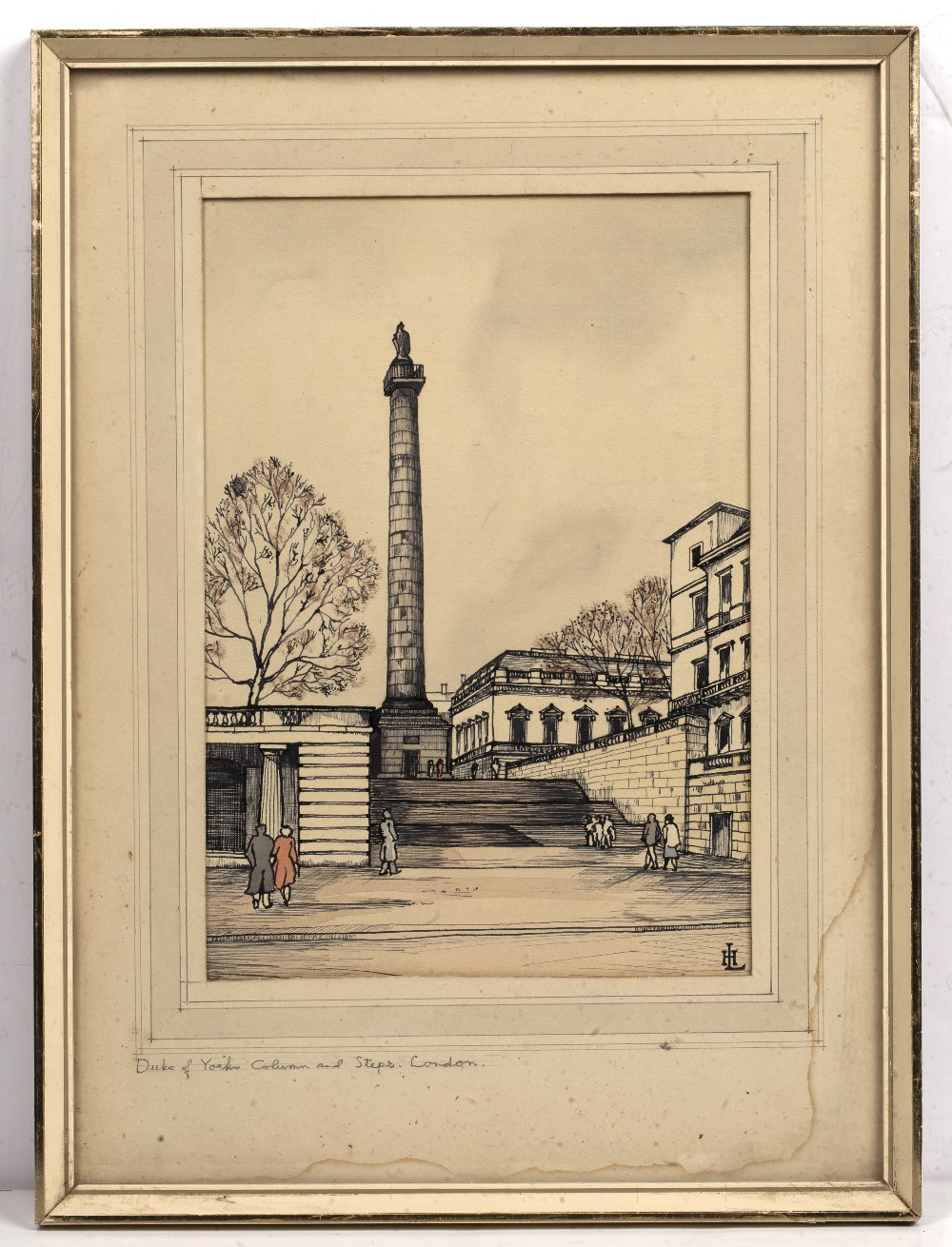 English School Duke of York's Column and Steps, London, pen, ink and wash, signed with monogram - Image 2 of 3