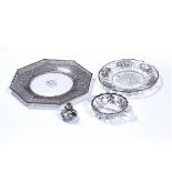 Three glass serving dishes with silver or white metal filigree overlay, two marked 'Sterling', the