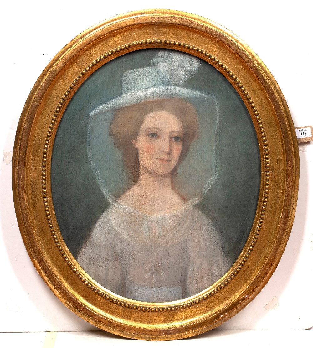 19th Century English School Portrait of a lady wearing white dress and veiled bonnet pastels 58 x - Image 2 of 3