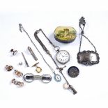 Collection of items to include: papier mache snuff box, silver spirit label, gilt metal studs,