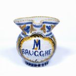 Flemish maiolica jug 19th Century, in the Italian style, marked 'Brugghe', 12.5cm high