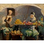 Early 20th Century English School The fruit & vegetable vendor, oil on canvas 75 x 91cm, carved