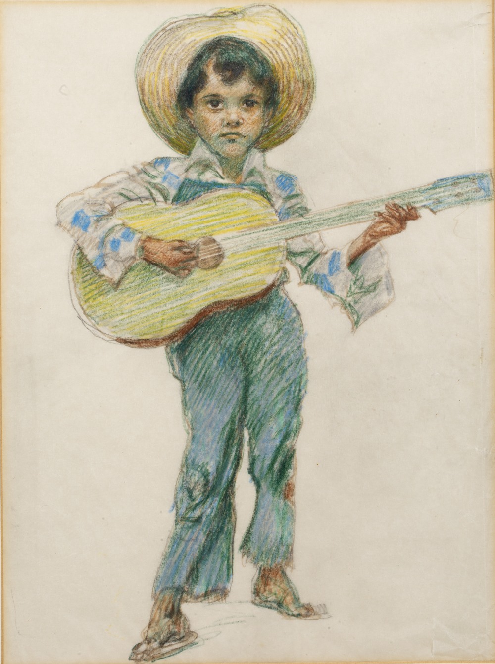 Study of a boy with a guitar pastels 38cm x 27cm and a botanical study, watercolour 23cm x 17.5cm ( - Image 2 of 6