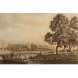 Paul Sandby Windsor Castle from the Thames, aquatint engraving, hand coloured, 29.5cm x 45cm