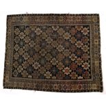 Shirvan blue ground rug with large rectangular panel of foliate motifs, 123cm x 154cm