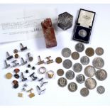 Collection of items to include: A boxed Chinese seal, Chinese white metal box, pair of 9ct gold