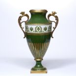 Limoges campagna style vase with green and gold decoration, marked to the base 'G. Kiefer & Co