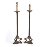 Pair of tall brass table lamps of classical form with triform bases, 61cm high overall