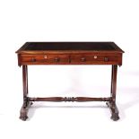 Mahogany writing table 19th Century, with leather inset top on end supports with brass columns, 98cm