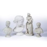 Two Parian style busts late 19th Century, 28cm and 25cm, a similar standing figure 40cm and a