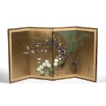 Contemporary four fold screen Japanese, painted with birds and blossom on a gold ground, 184cm x