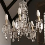 Five branch glass chandelier with rope twist supports, glass lozenge and tear drops, 60cm across x