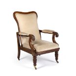 Mahogany adjustable armchair 19th Century, with upholstered seat and back, reeded supports and brass