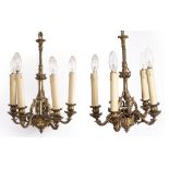 Pair of gilt brass Gothic Revival ceiling lights each with five branches, 40cm high