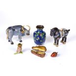 Collection of pieces to include: Two modern cloisonné enamel animals, a vase, Limoges porcelain