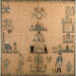 Adam & Eve needlework sampler early 19th Century, worked in coloured threads, unsigned and