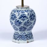 Delft porcelain vase, converted into a lamp with indistinct marks to the base, the vase excluding