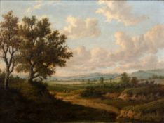 19th Century English School An extensive pastoral landscape view with two figures resting on a path,
