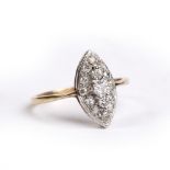 9ct gold and diamond marquise ring size O, 2.1g approx overall