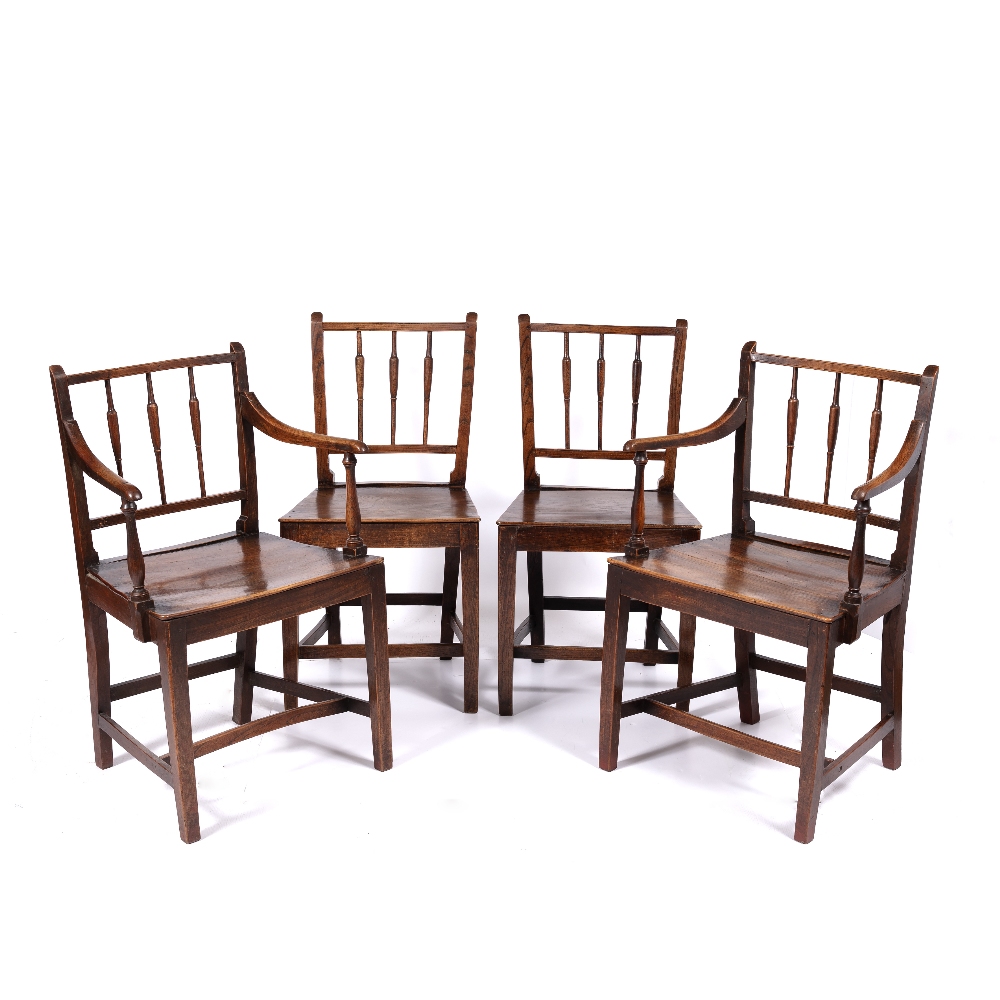 Pair of elm and ash stick-back elbow chairs 19th Century, and a pair of similar standard chairs,