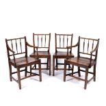 Pair of elm and ash stick-back elbow chairs 19th Century, and a pair of similar standard chairs,