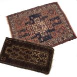 Belouch rug with central shaped panel and foliate designs,136cm x 70cm and a Hamadan red ground
