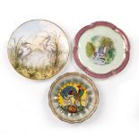 Three English porcelain plates with bird decoration, comprising a Minton dish with a crowing