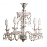 Five branch glass chandelier with tear drops, 55cm across x 55cm high