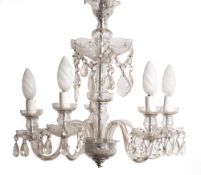 Five branch glass chandelier with tear drops, 55cm across x 55cm high