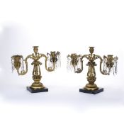 Pair of table two branch candelabra 19th Century, probably French, each on a marble base, with