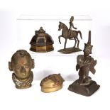 Group of artifacts Indian/Tibetan including a standing bronze deity, 15cm high, a brass and jewelled