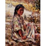 Contemporary Russian School Portrait of a peasant girl seated in a field, 2006 signed and dated,