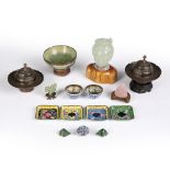 Small group of pieces Chinese, to include a fluorite head of Guanyin, 10cm, a green bowenite bowl