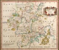Antiquarian map of Worcestershire engraved by Robert Morden with later hand coloured decoration,