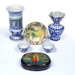 Turkish pottery, Iznik style vase with flaring rim, 14cm high, an Islamic lacquered box, two small