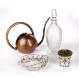 Collection of items to include: Stuart crystal cut glass decanter, silver filigree overlay serving