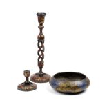 Kashmiri lacquer candlestick Indian, 52cm, a smaller candlestick 12cm and a bowl,28cm across (3)