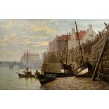 Late 19th Century English School A harbour scene with fishing boats and a group of fishermen looking