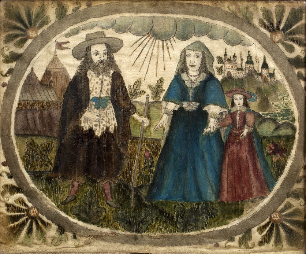 Silk study of a family group English, 18th Century, painted in a cartouche with three figures, set