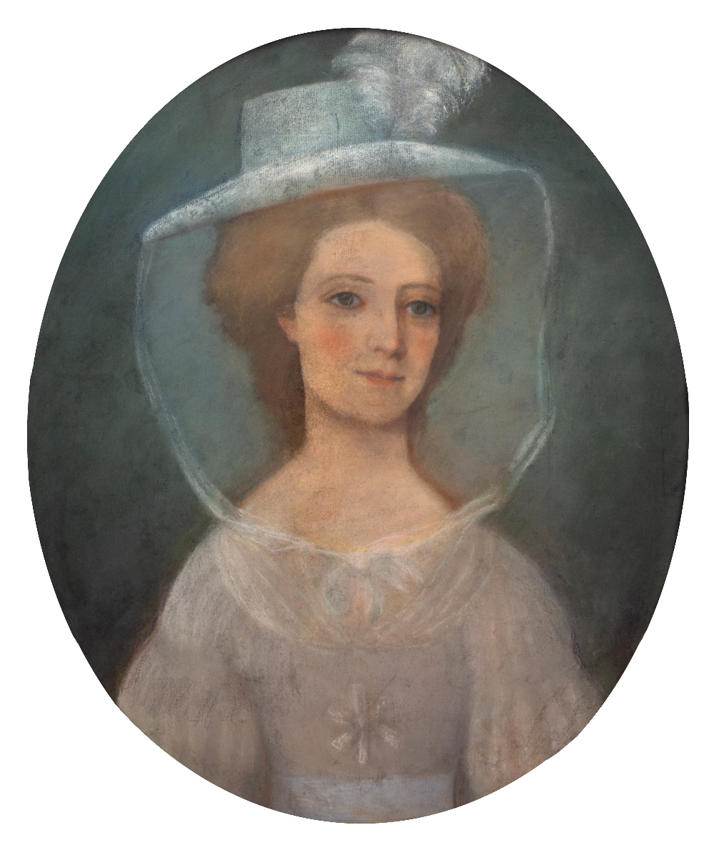 19th Century English School Portrait of a lady wearing white dress and veiled bonnet pastels 58 x