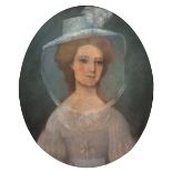 19th Century English School Portrait of a lady wearing white dress and veiled bonnet pastels 58 x