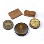 Two similar gilt metal circular seal boxes a 19th Century papier mache snuff box, a Swedish birch