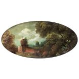 Italian / French School Oval landscape scene, oil on copper, in an ormolu frame with ribbon tie,