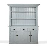 Painted pine dresser fitted with drawers, cupboards and open shelves above, 148cm wide x 199cm high