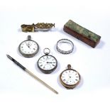 Collection of items to include: Silver pocket watch, 14ct gold plated Waltham pocket watch with