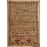 Antique needlework alphabet sampler worked in coloured threads, 'Mary Johnson 11 years of age