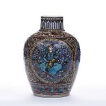 Qajar vase Iran, of pale blue ground, decorated with panels of seated figures, 32cm high