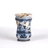 Italian albarello vase 18th century, tin glazed, decorated to the centre with buildings, 14cm high