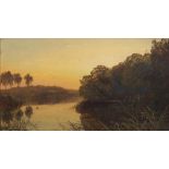 George Smith (1829-1901) Tranquil river scene at sunset, signed, oil on board, 16cm x 28.5cm