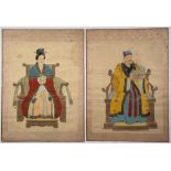 Pair of ancestral portraits Chinese, depicting an Emperor and Empress seated on thrones in